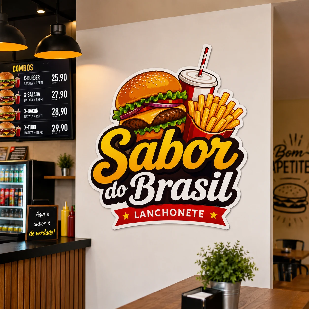 Logo "Sabor do Brasil Lanchonete" em adesivo recortado aplicado na parede