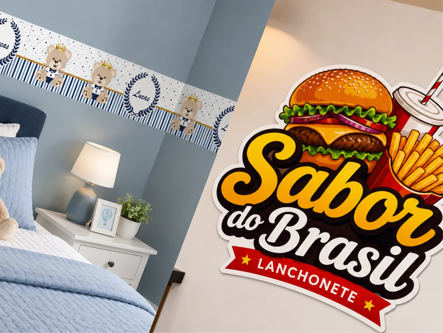Faixa decorativa de quarto infantil e logo de lanchonete aplicados na parede