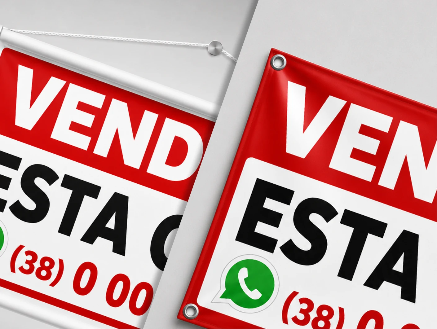 Banners "Vende-se" com ilhós e com bastão, lado a lado