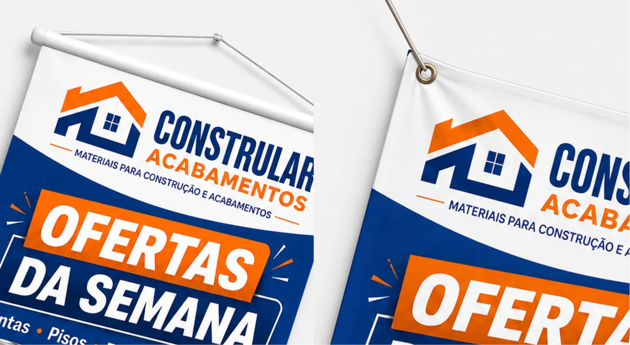 Banners em lona pendurados, um com bastão e cordão e outro com ilhós