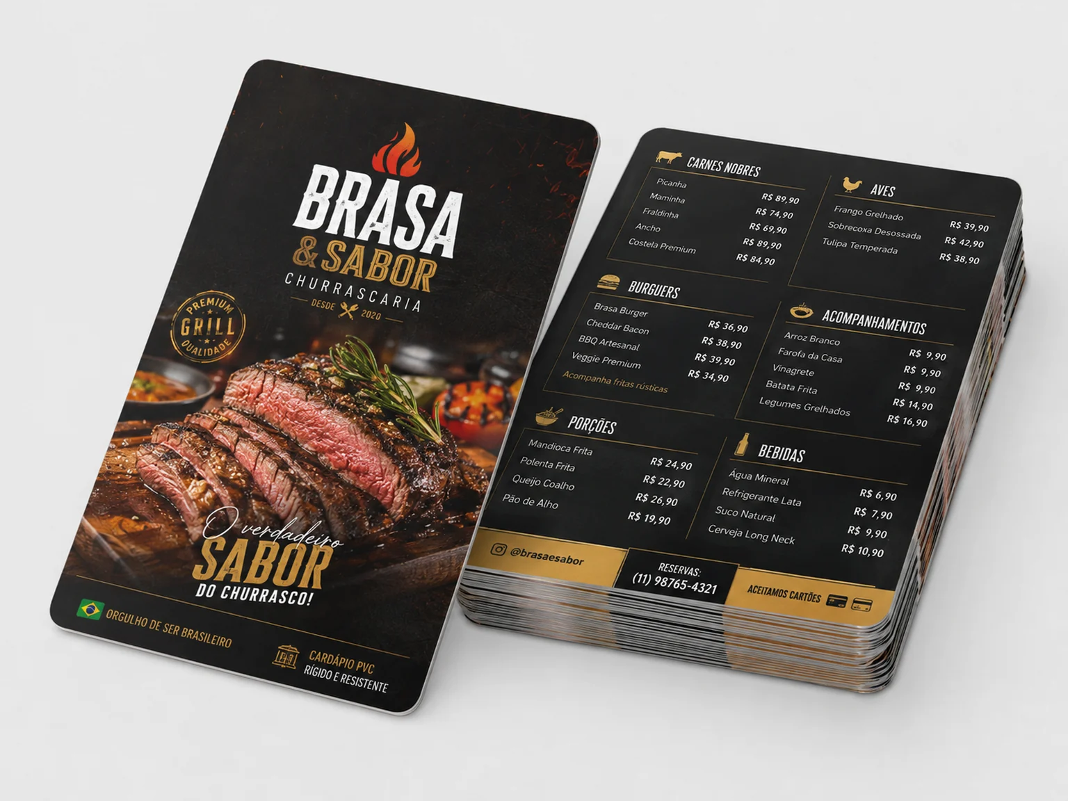Cardápio rígido em PVC de churrascaria, com frente e verso impressos