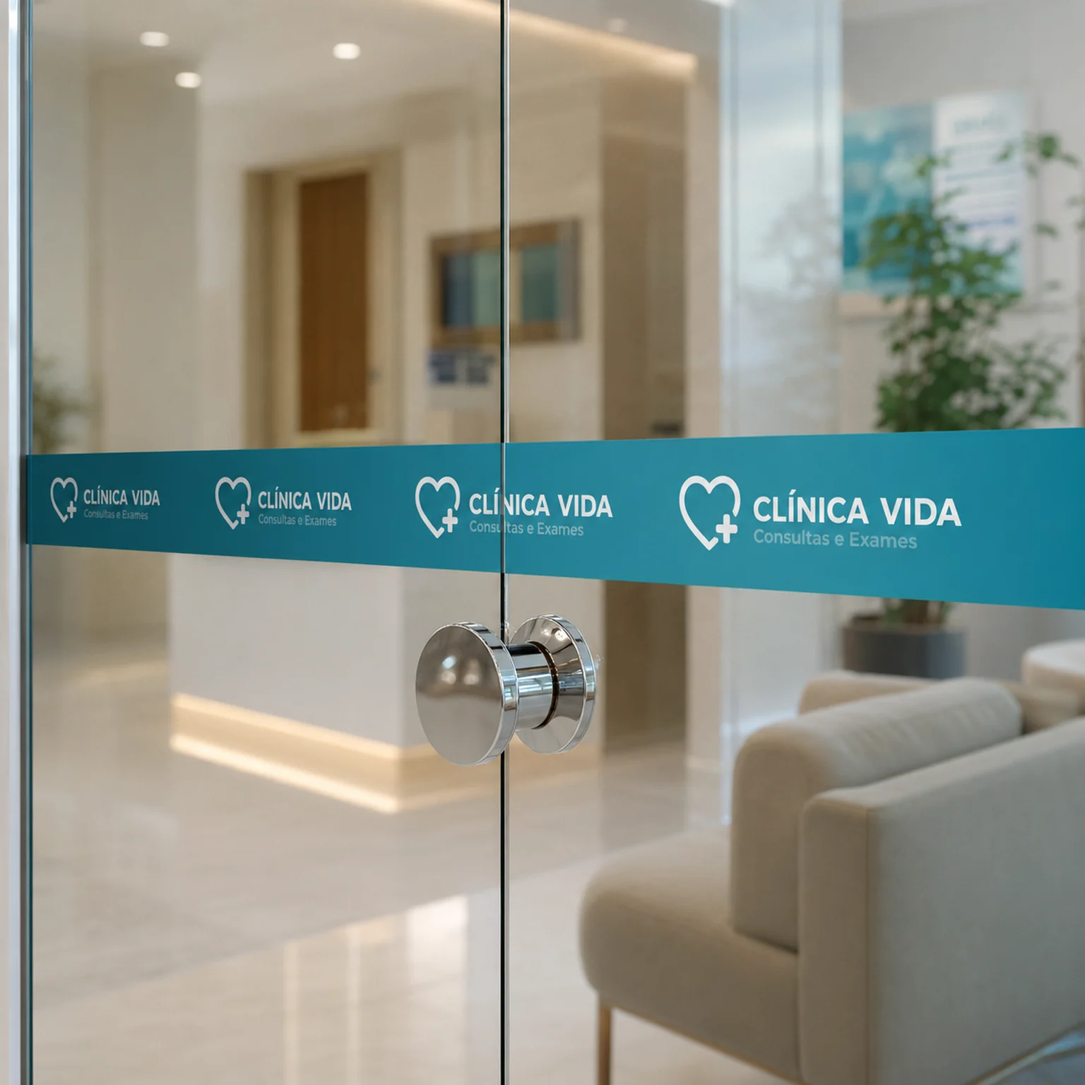 Porta de vidro de uma clínica com faixa adesiva da marca