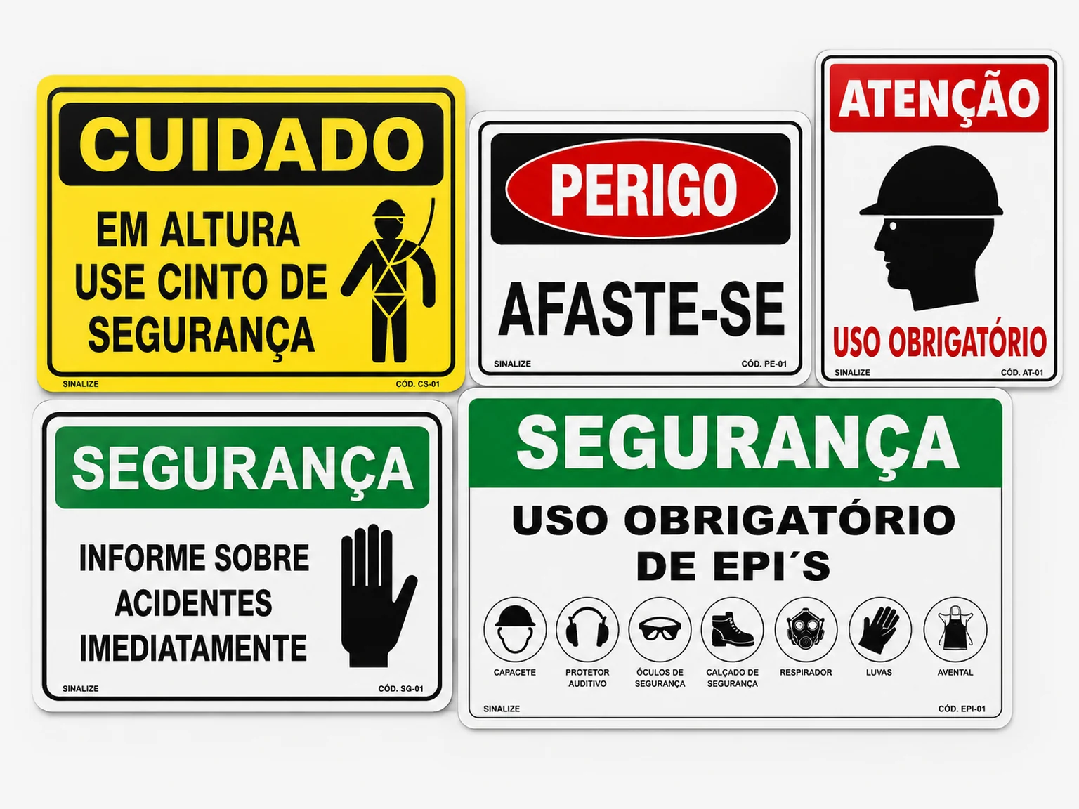 Placas de segurança em PVC com avisos de perigo, atenção e uso obrigatório de EPI