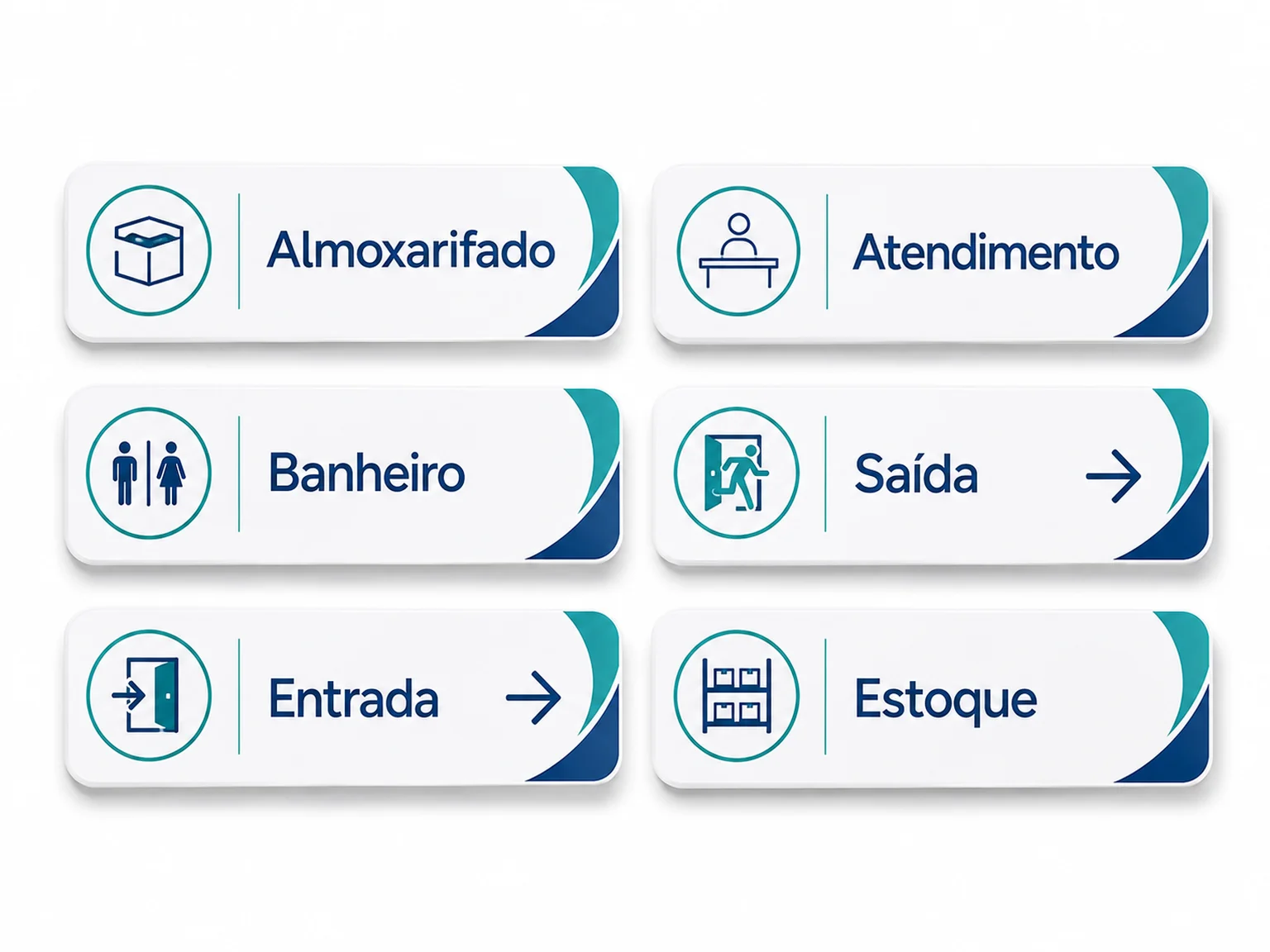 Plaquinhas em PVC de sinalização para entrada, banheiro, atendimento e estoque